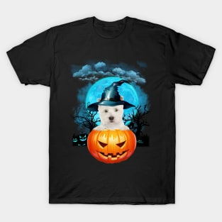 West Highland White Terrier Witch Hat Pumpkin And Blue Moon T-Shirt